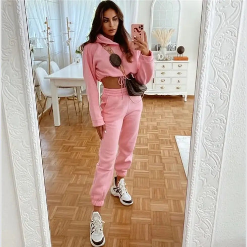 Women’s Winter and Autumn Two-Piece Tracksuit - Oversized Sweatshirt Solid Color Sportswear Hoodie - Warms Hoodies